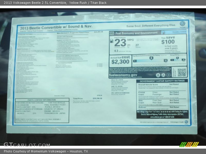  2013 Beetle 2.5L Convertible Window Sticker