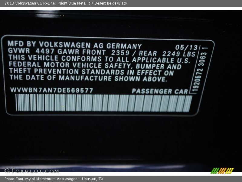 Night Blue Metallic / Desert Beige/Black 2013 Volkswagen CC R-Line