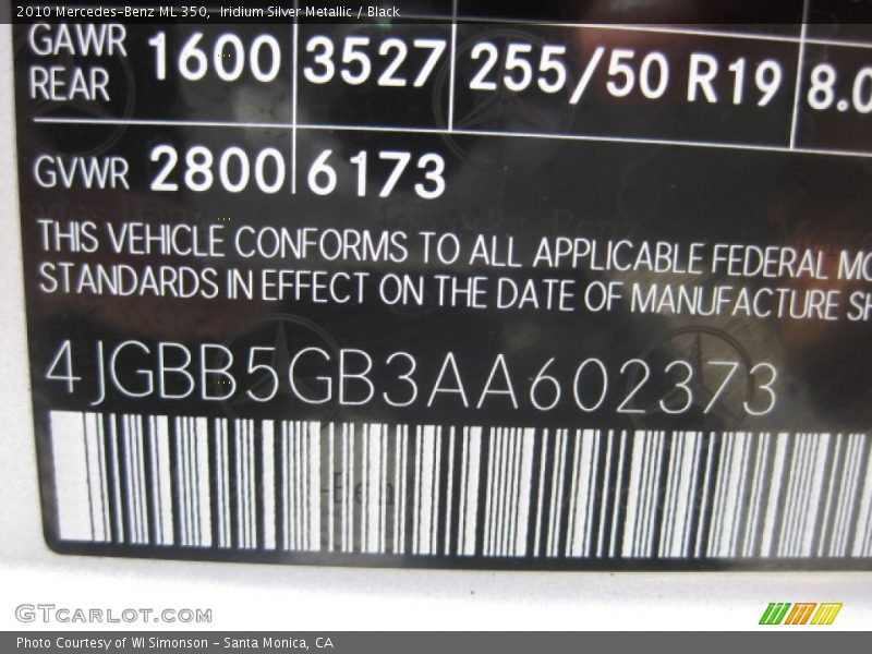 Iridium Silver Metallic / Black 2010 Mercedes-Benz ML 350