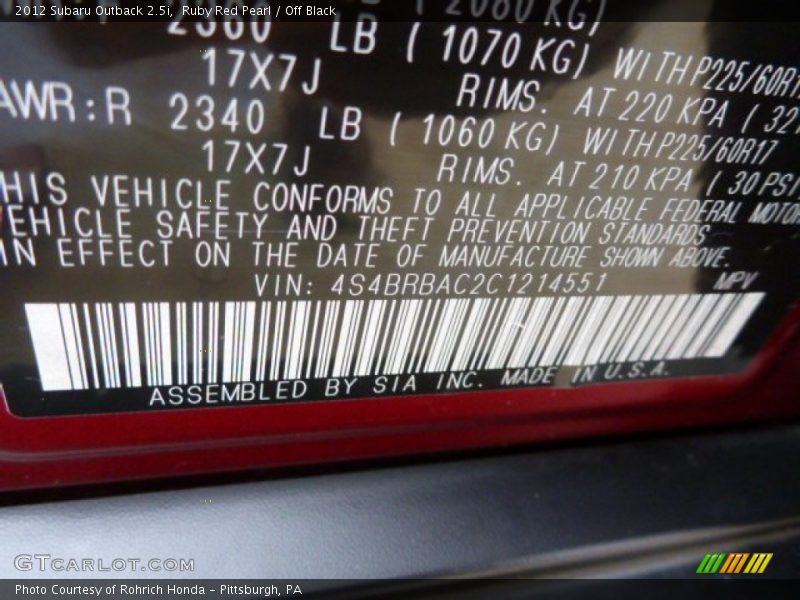 Ruby Red Pearl / Off Black 2012 Subaru Outback 2.5i