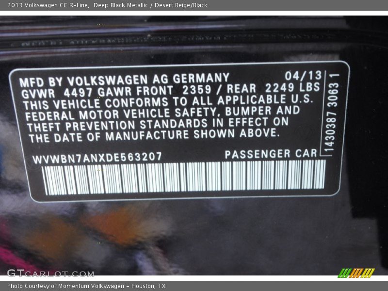 Deep Black Metallic / Desert Beige/Black 2013 Volkswagen CC R-Line