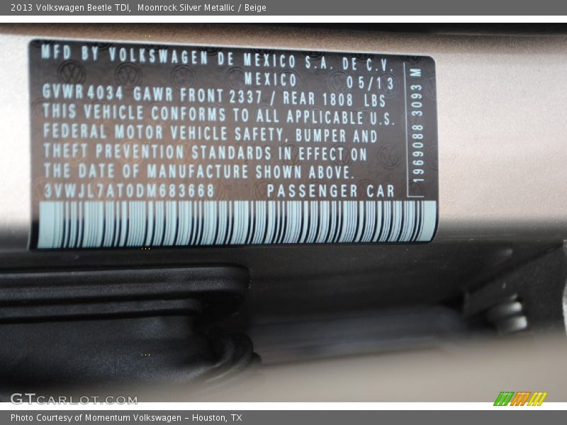 Moonrock Silver Metallic / Beige 2013 Volkswagen Beetle TDI