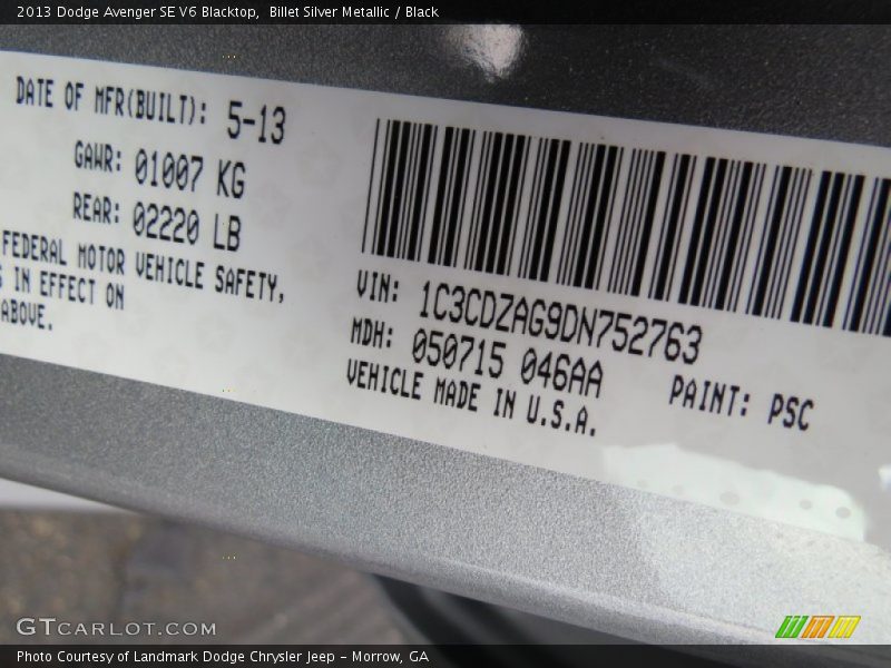 Billet Silver Metallic / Black 2013 Dodge Avenger SE V6 Blacktop