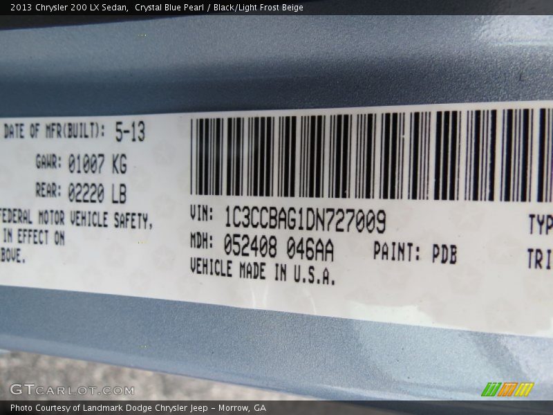Crystal Blue Pearl / Black/Light Frost Beige 2013 Chrysler 200 LX Sedan