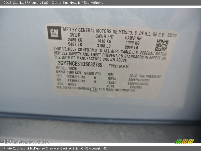 Glacier Blue Metallic / Ebony/Ebony 2013 Cadillac SRX Luxury FWD