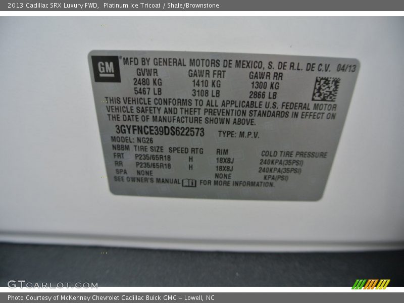 Platinum Ice Tricoat / Shale/Brownstone 2013 Cadillac SRX Luxury FWD