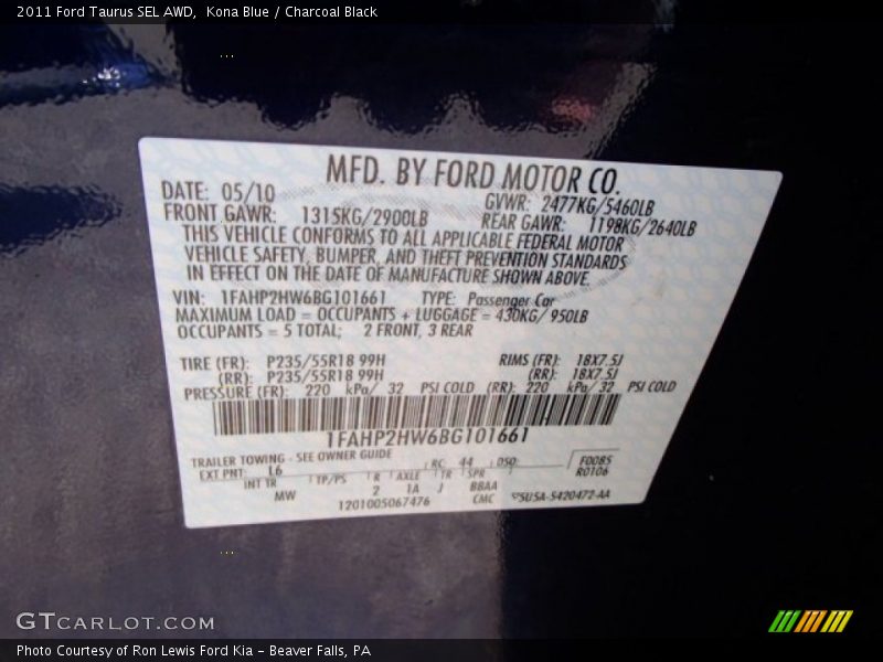 Kona Blue / Charcoal Black 2011 Ford Taurus SEL AWD