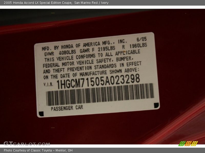 Info Tag of 2005 Accord LX Special Edition Coupe