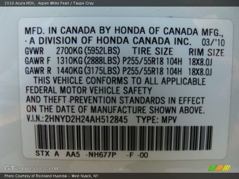 Aspen White Pearl / Taupe Gray 2010 Acura MDX