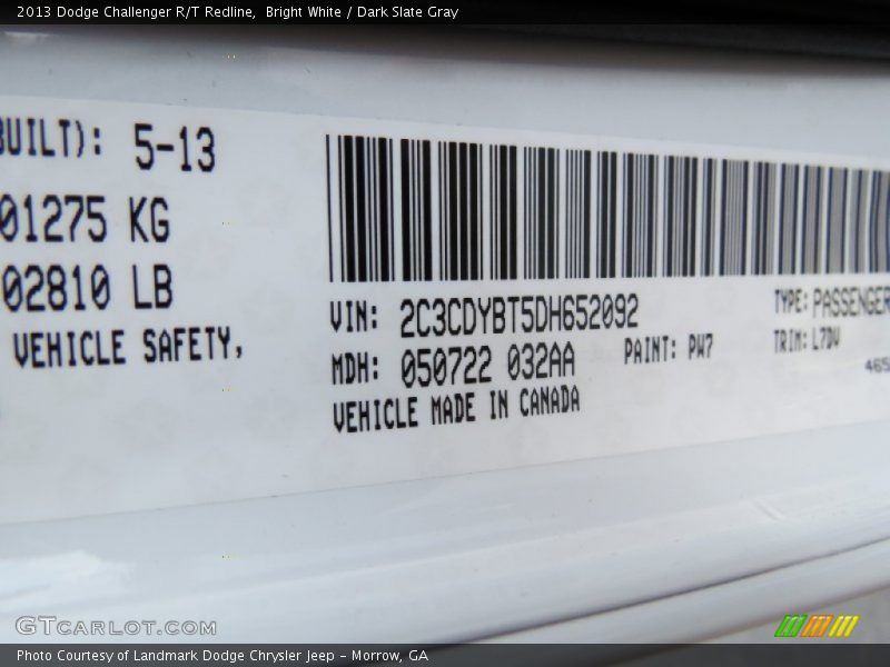 2013 Challenger R/T Redline Bright White Color Code PW7