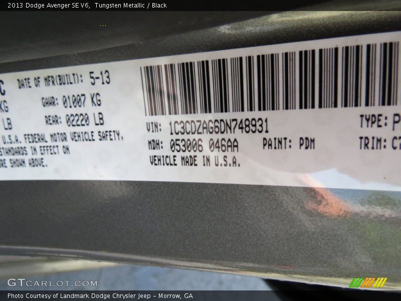 Tungsten Metallic / Black 2013 Dodge Avenger SE V6