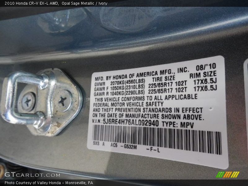 Opal Sage Metallic / Ivory 2010 Honda CR-V EX-L AWD