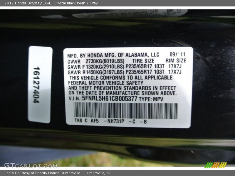Crystal Black Pearl / Gray 2012 Honda Odyssey EX-L