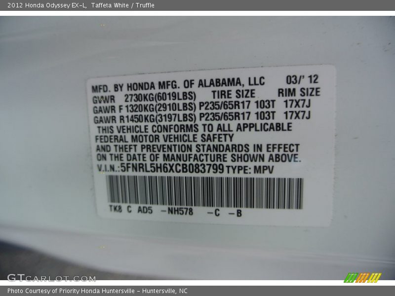 Taffeta White / Truffle 2012 Honda Odyssey EX-L