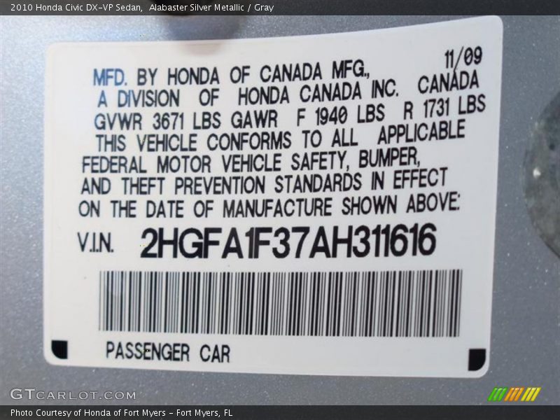 Alabaster Silver Metallic / Gray 2010 Honda Civic DX-VP Sedan