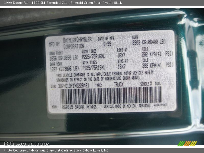 1999 Ram 1500 SLT Extended Cab Emerald Green Pearl Color Code PGS