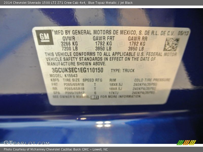 Info Tag of 2014 Silverado 1500 LTZ Z71 Crew Cab 4x4