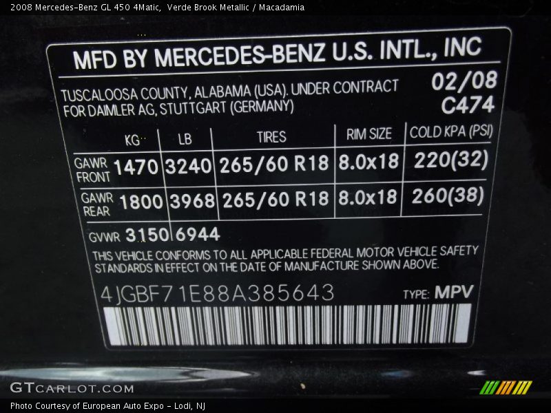 2008 GL 450 4Matic Verde Brook Metallic Color Code 474