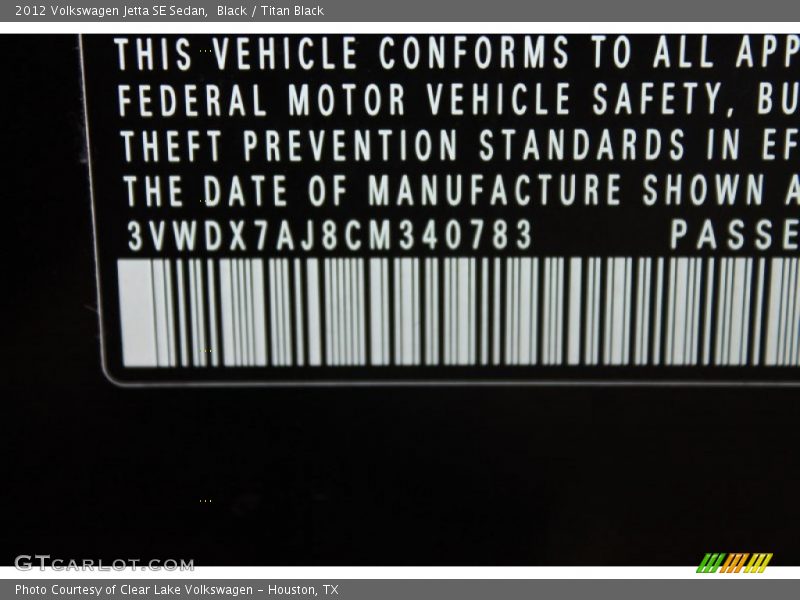Black / Titan Black 2012 Volkswagen Jetta SE Sedan