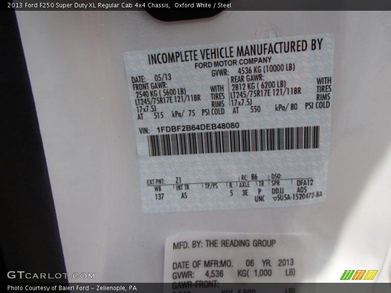 2013 F250 Super Duty XL Regular Cab 4x4 Chassis Oxford White Color Code Z1