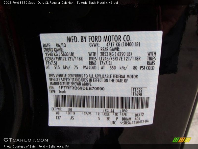 2013 F350 Super Duty XL Regular Cab 4x4 Tuxedo Black Metallic Color Code UH