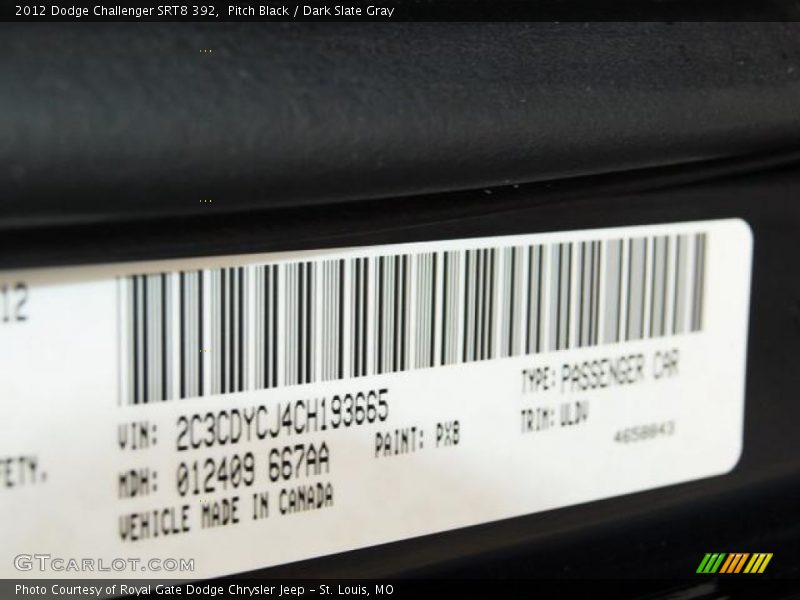 Pitch Black / Dark Slate Gray 2012 Dodge Challenger SRT8 392