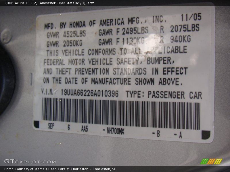 Alabaster Silver Metallic / Quartz 2006 Acura TL 3.2