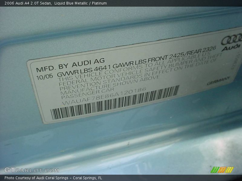 Liquid Blue Metallic / Platinum 2006 Audi A4 2.0T Sedan
