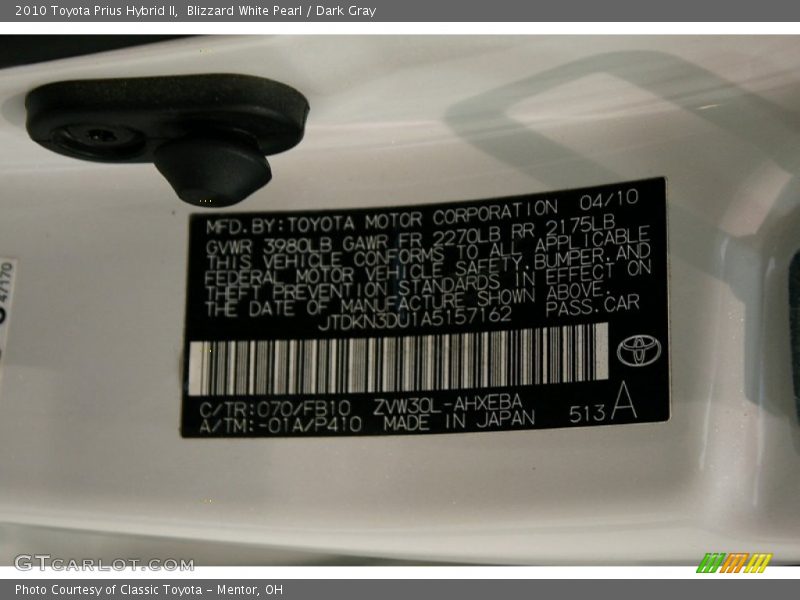 Blizzard White Pearl / Dark Gray 2010 Toyota Prius Hybrid II