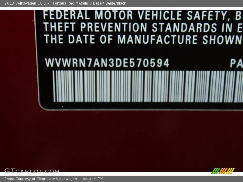 Fortana Red Metallic / Desert Beige/Black 2013 Volkswagen CC Lux