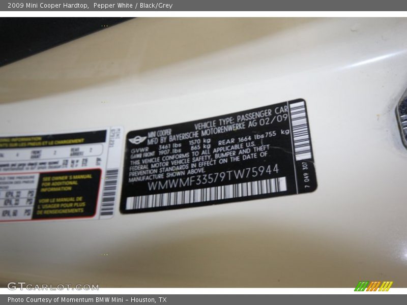 Pepper White / Black/Grey 2009 Mini Cooper Hardtop