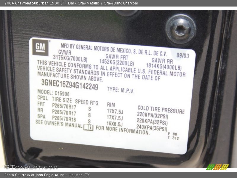 Dark Gray Metallic / Gray/Dark Charcoal 2004 Chevrolet Suburban 1500 LT