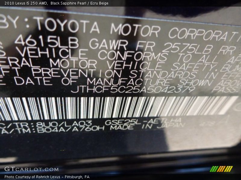 Black Sapphire Pearl / Ecru Beige 2010 Lexus IS 250 AWD