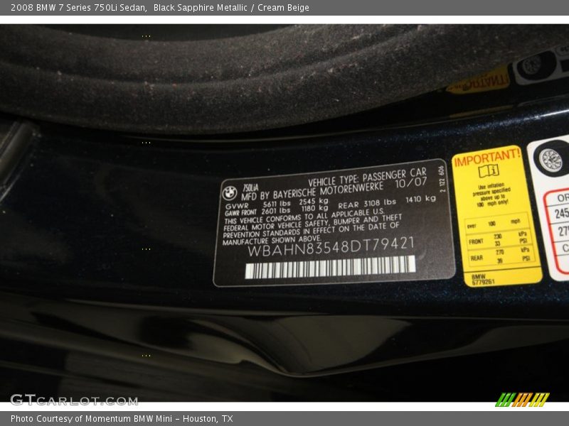 Black Sapphire Metallic / Cream Beige 2008 BMW 7 Series 750Li Sedan