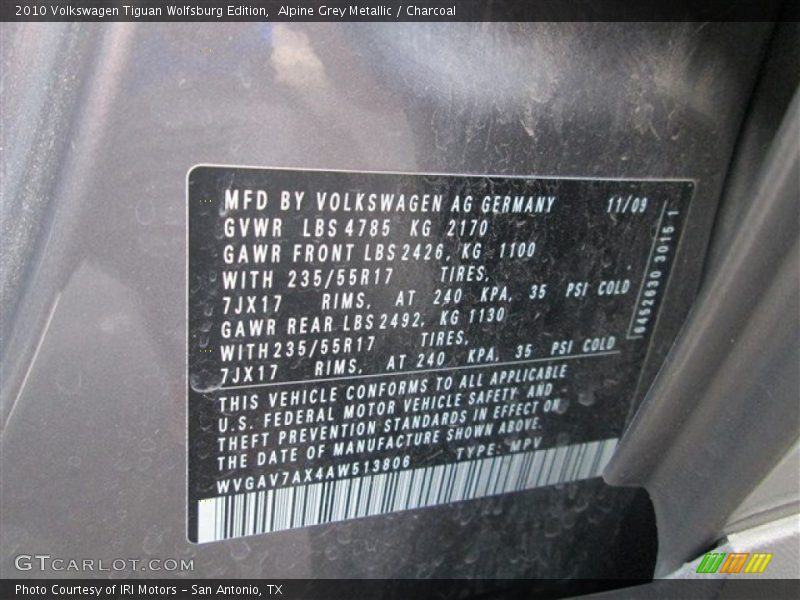 Alpine Grey Metallic / Charcoal 2010 Volkswagen Tiguan Wolfsburg Edition