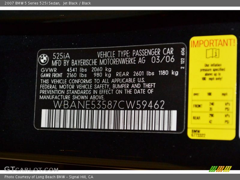 Jet Black / Black 2007 BMW 5 Series 525i Sedan