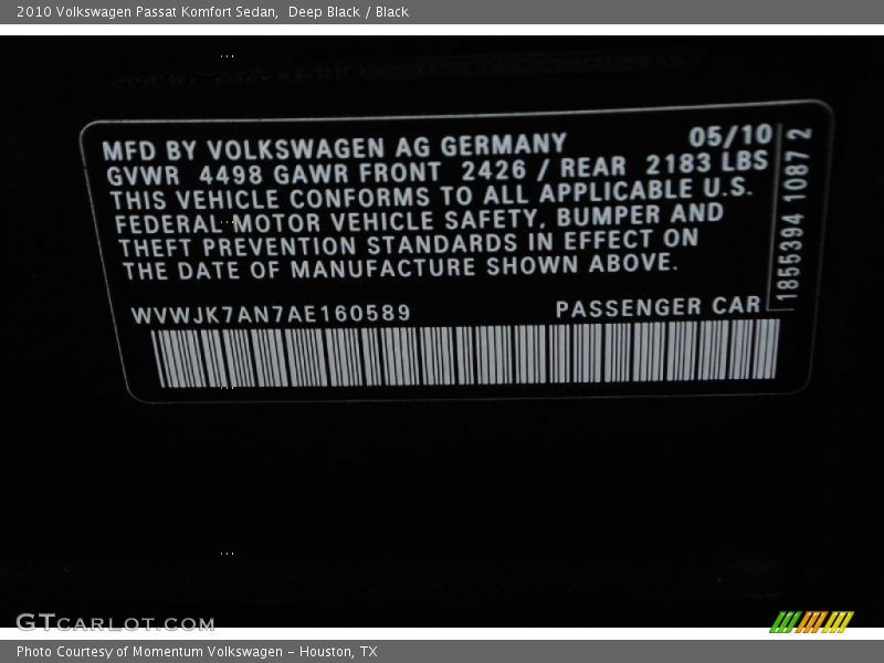 Deep Black / Black 2010 Volkswagen Passat Komfort Sedan