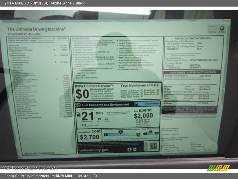  2014 X3 xDrive35i Window Sticker