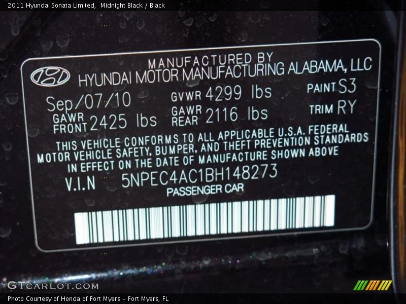 Midnight Black / Black 2011 Hyundai Sonata Limited