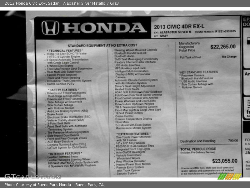 Alabaster Silver Metallic / Gray 2013 Honda Civic EX-L Sedan