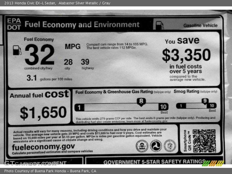 Alabaster Silver Metallic / Gray 2013 Honda Civic EX-L Sedan