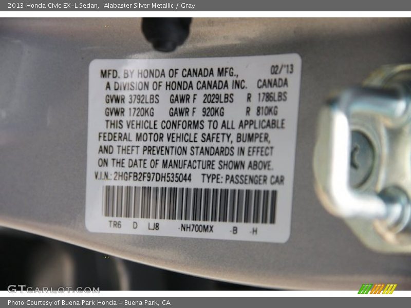 Alabaster Silver Metallic / Gray 2013 Honda Civic EX-L Sedan