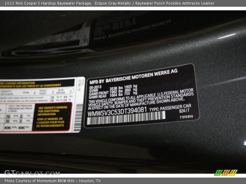 2013 Cooper S Hardtop Bayswater Package Eclipse Gray Metallic Color Code B24