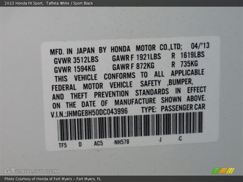 Taffeta White / Sport Black 2013 Honda Fit Sport