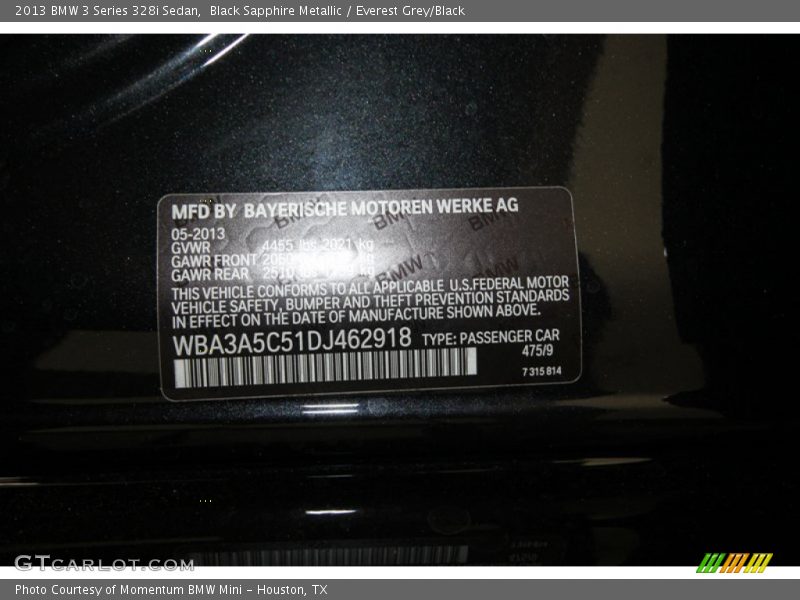 2013 3 Series 328i Sedan Black Sapphire Metallic Color Code 475