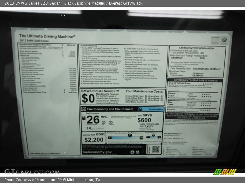  2013 3 Series 328i Sedan Window Sticker