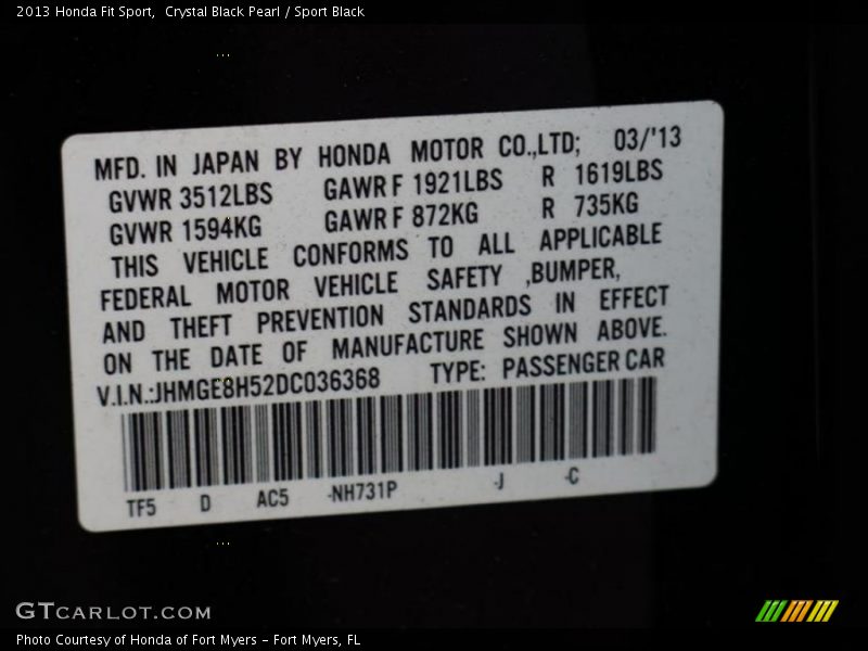 Crystal Black Pearl / Sport Black 2013 Honda Fit Sport