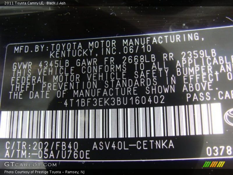 Black / Ash 2011 Toyota Camry LE