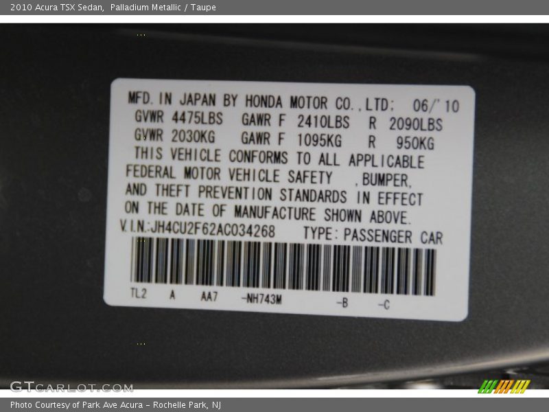 Palladium Metallic / Taupe 2010 Acura TSX Sedan