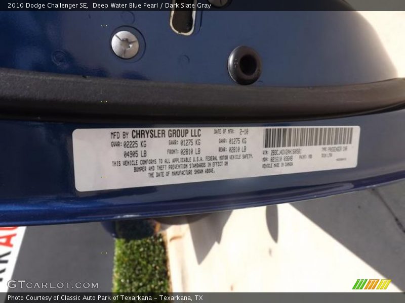 Deep Water Blue Pearl / Dark Slate Gray 2010 Dodge Challenger SE